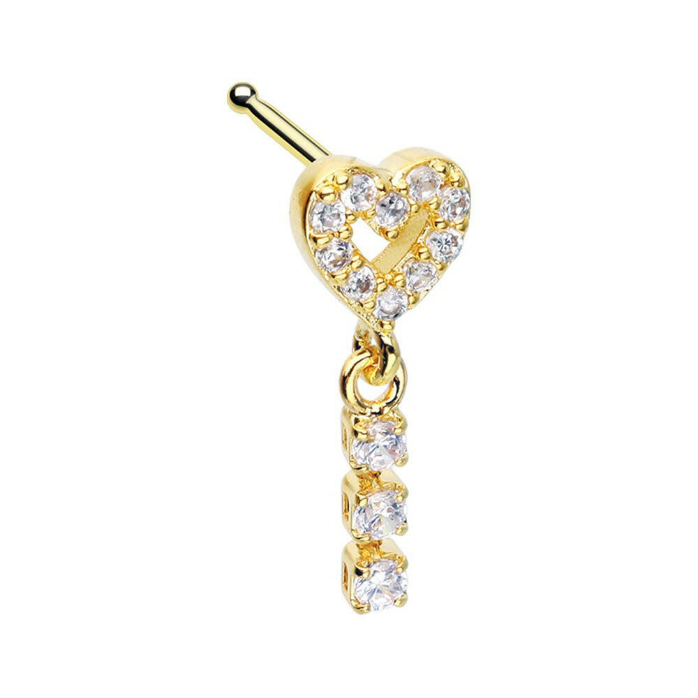 Golden Open Heart Gem Drop Dangle Gem Nose Stud Ring