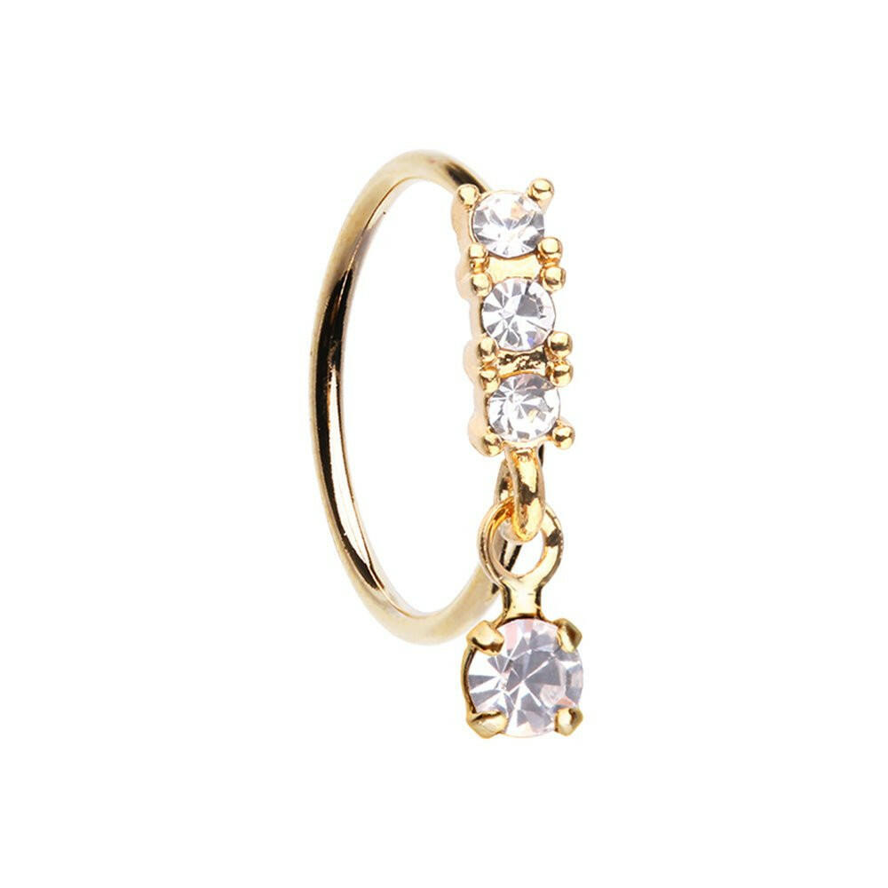 Golden Three Gem Cubic CZ Dangle Bendable Nose Hoop