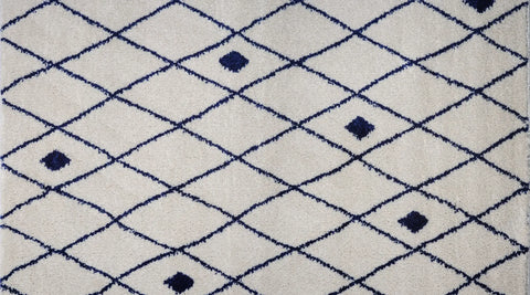Handmade Beni Ourain rug with blue trellis pattern