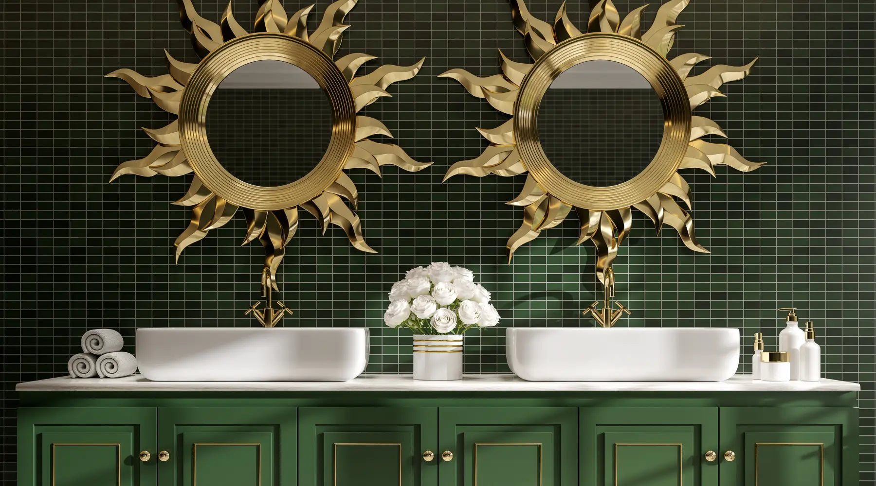 Modern rococo style bathroom with green and gold finishes