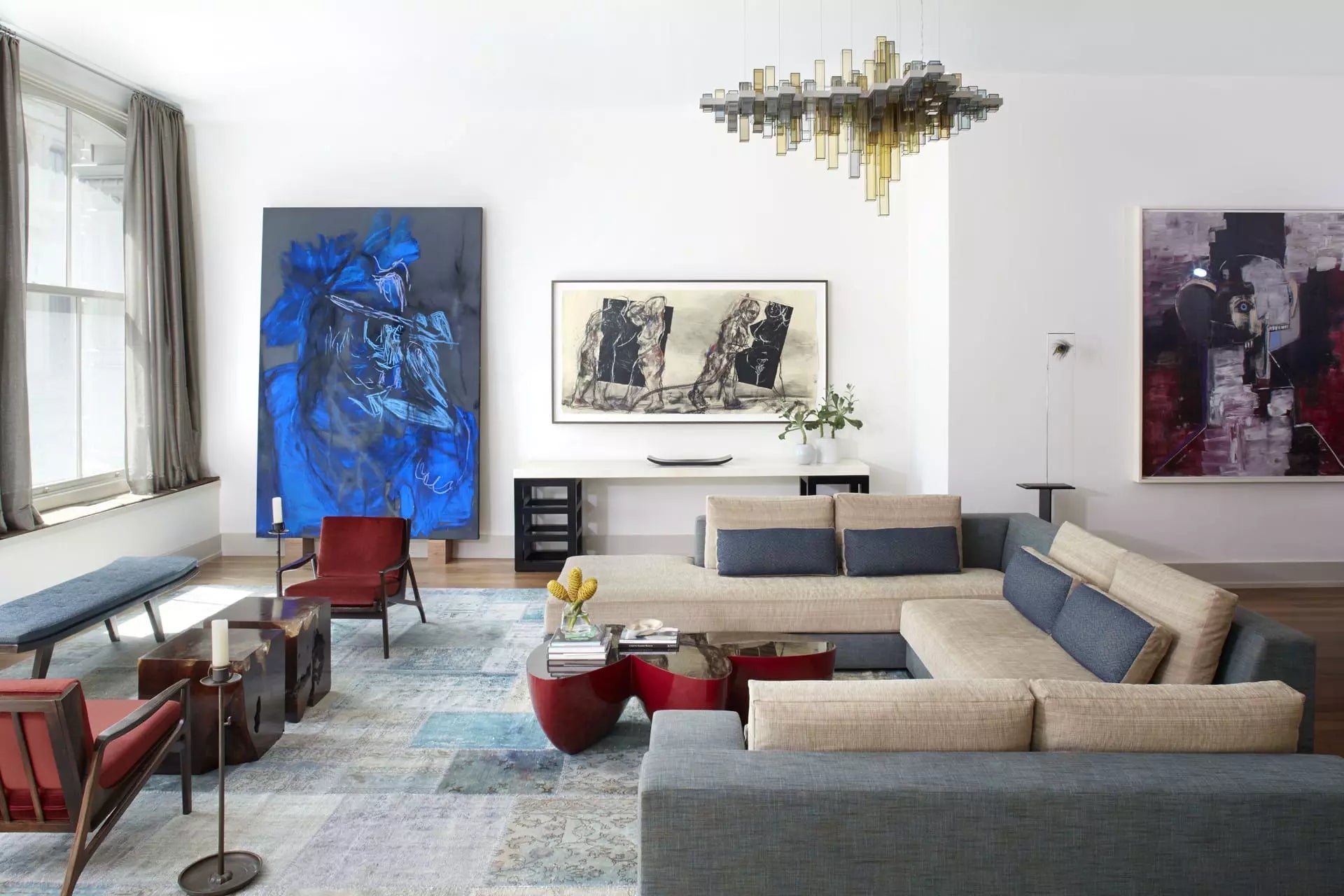 Rodney Lawrence modern living room with patchwork rug