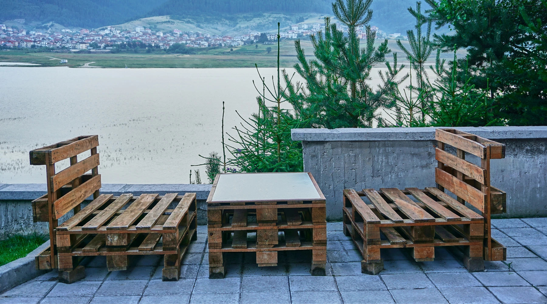 beautiful view with garden furniture made from recycling pallets