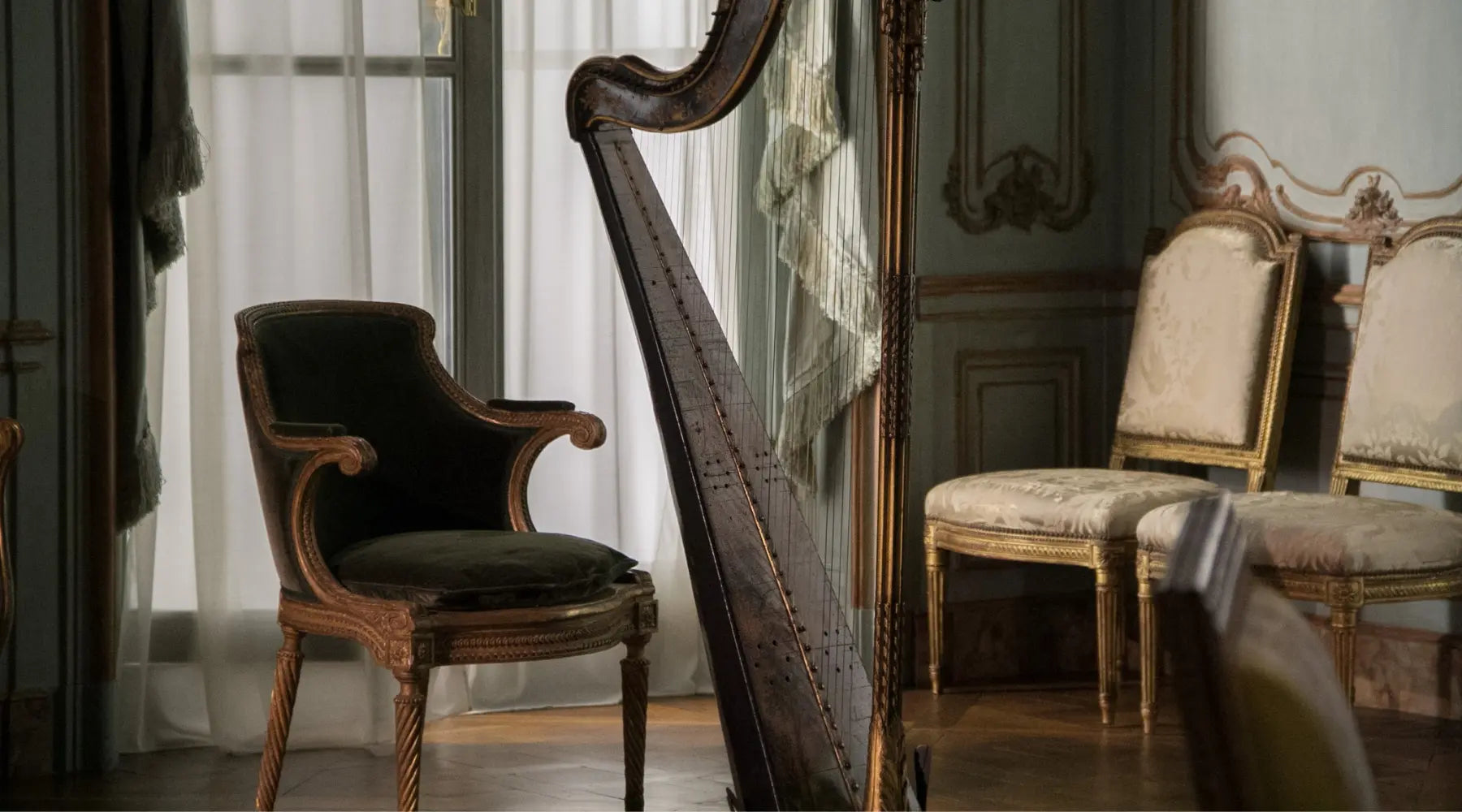 decoration and furniture in rococo style with antique harp