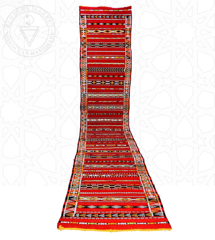 Flatweave Kilim Hanbal Moroccan runner rug, size: 2.8 x 17.56 ft / 85 x 535 cm
