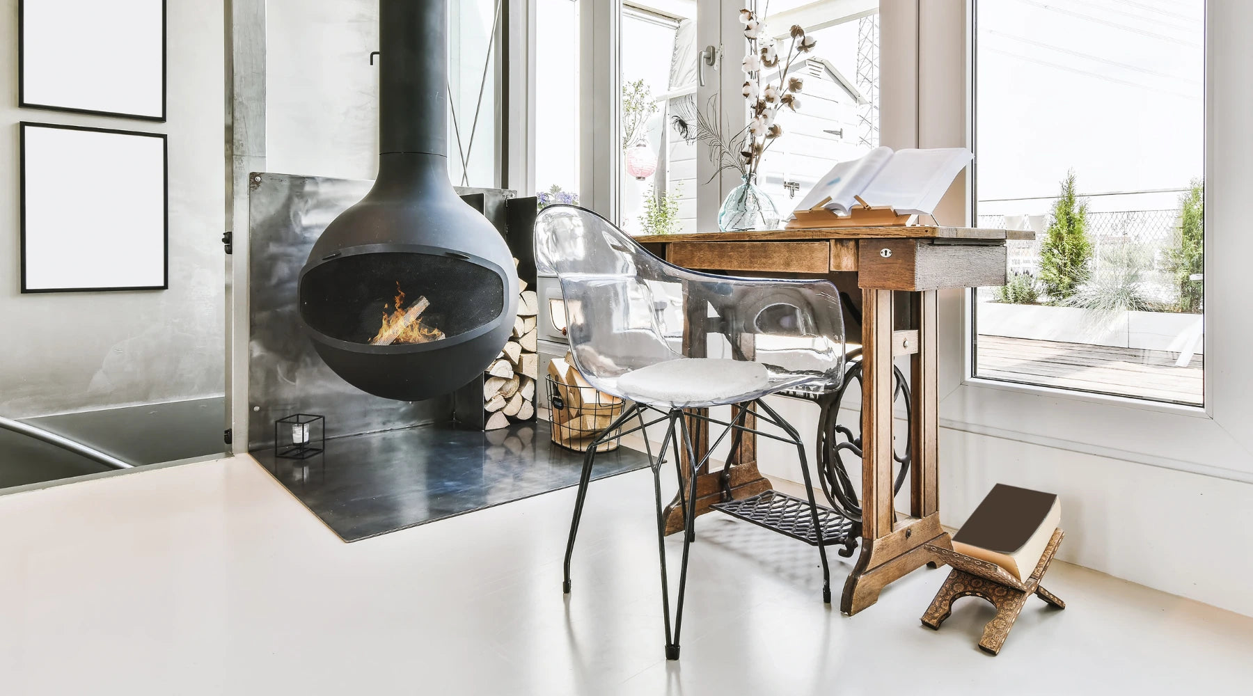 modern interior design with a recycled antique desk and a well insolated fireplace