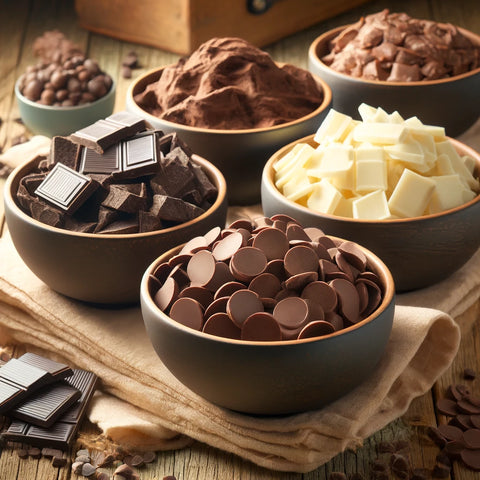 Variety of keto baking chips displayed in bowls, including dark chocolate, milk chocolate alternative, and white chocolate alternative, suitable for ketogenic diets.
