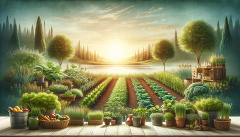  healthy and natural aspects of a ketogenic lifestyle. It depicts a serene kitchen garden scene with various low-carb plants, symbolizing tranquility and dietary wellness.