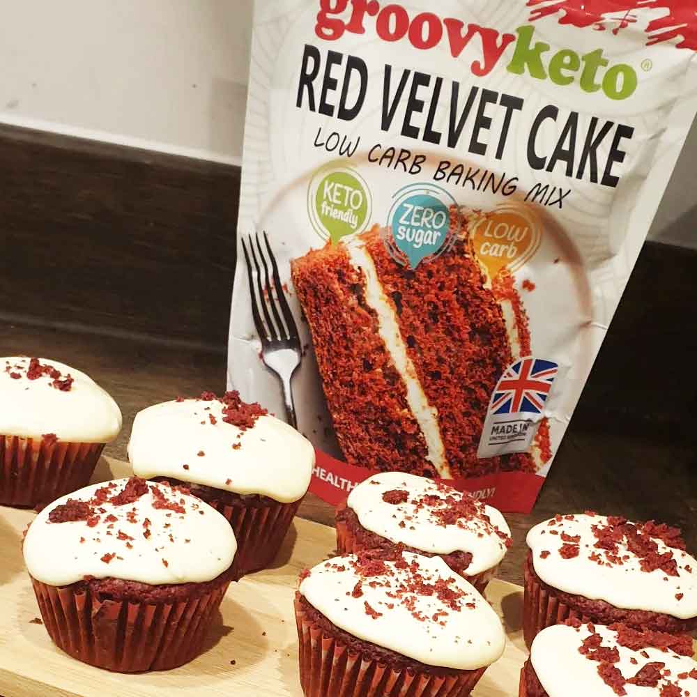 Keto Velvet Cake cupcakes with icing