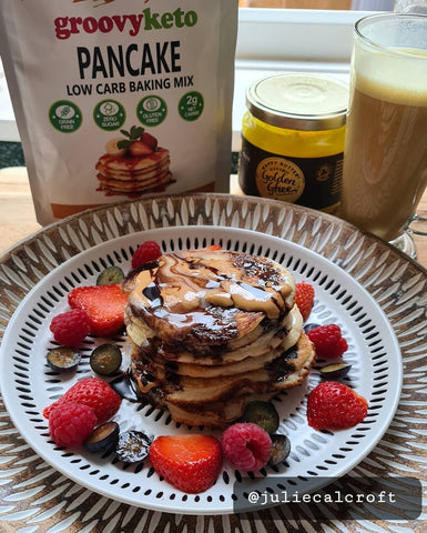 Keto Pancakes with peanut butter and chocolate sauce