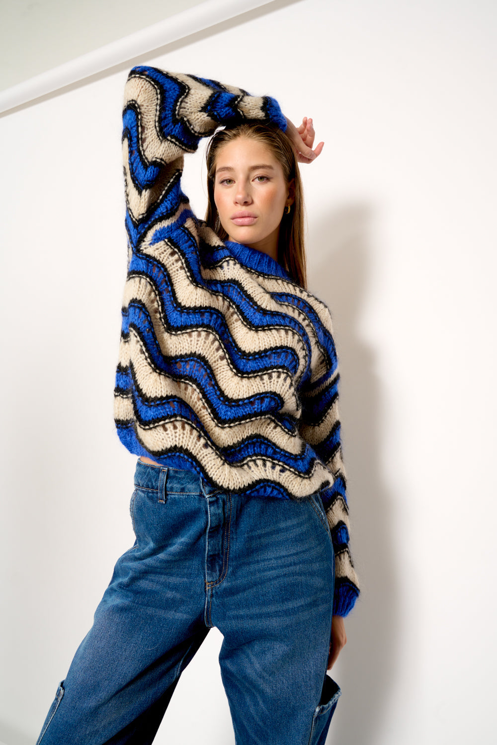 Panama Knit Sweater Electric Blue/Sand/Black Mix