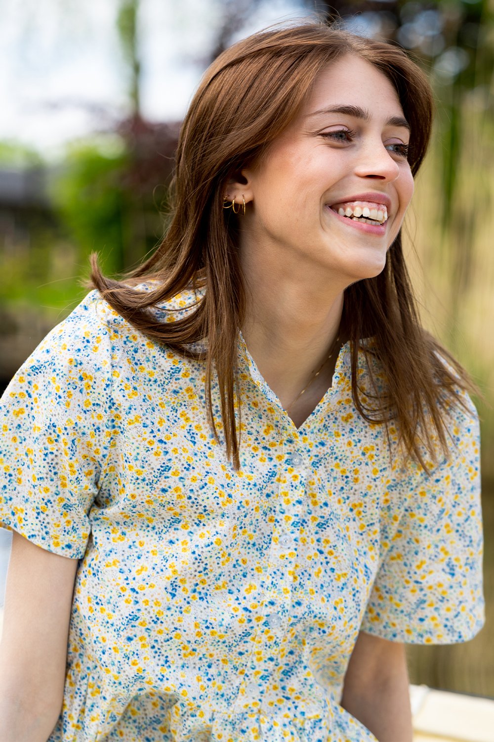 Lipe Long Dress Short Sleeves Cotton Poplin Yellow/blue Flower