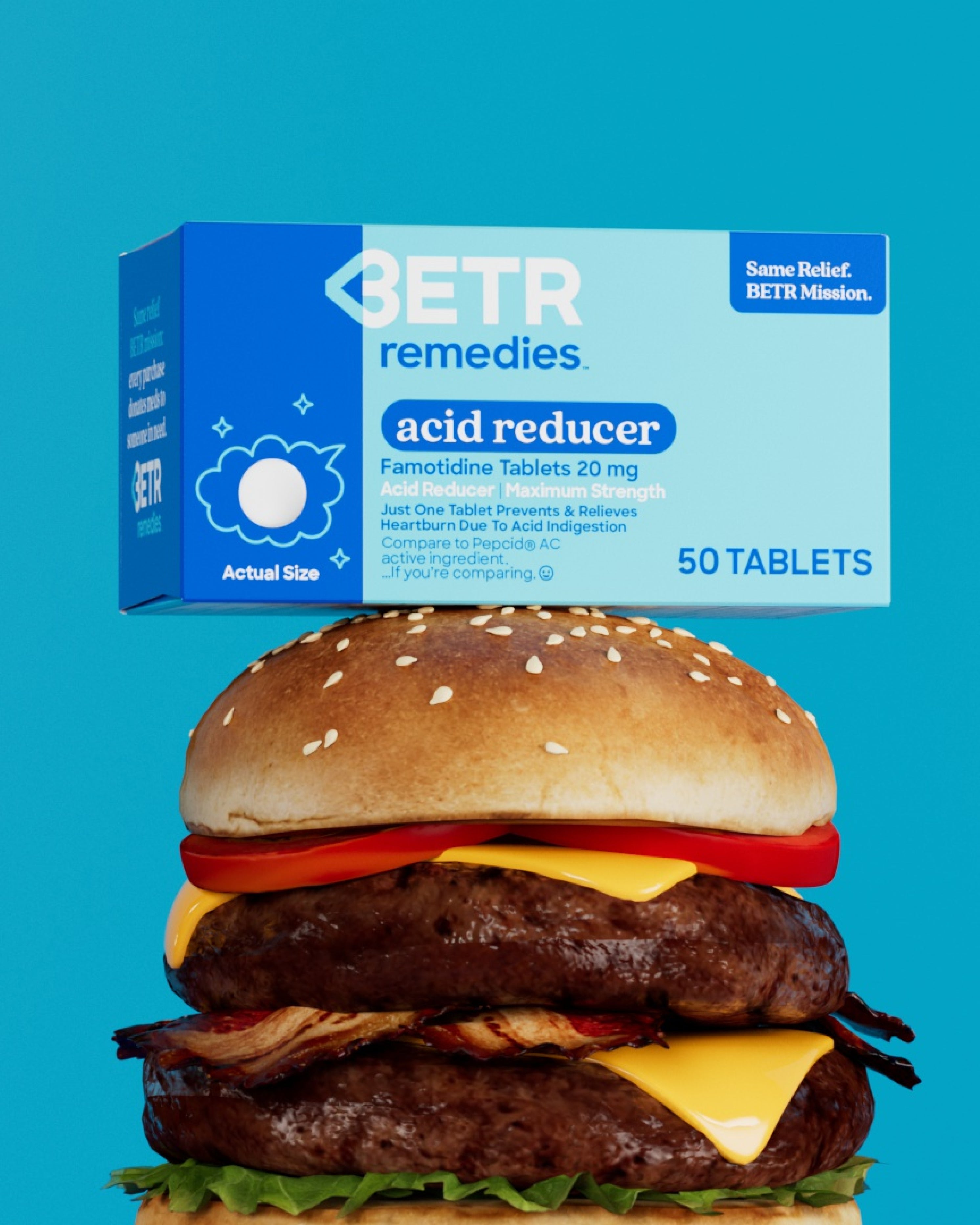 Acid Reducer package on top of a cheeseburger.