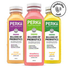 Three PERKii probiotic drink flavours side-by-side