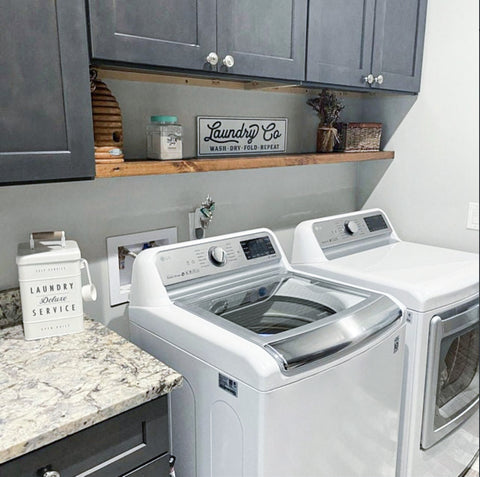 Aged Oak Rustic Floating Shelves in a laundry room