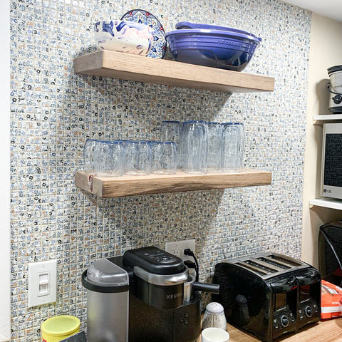 Aged Oak Rustic Floating Shelves above a home coffee bar