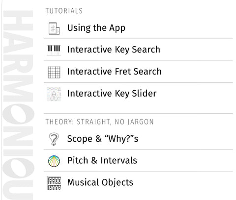A screenshot from the phone app "Harmonious: Music Theory," showing a list of tutorials and how-tos