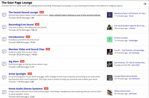 A screenshot from the online music forum "The Gear Page," showing different threads about musical topics like gigs and introductions.