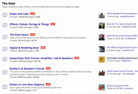 A screenshot from the online music forum "The Gear Page" showing forum threads about different musical gear.