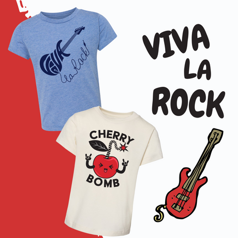 Gender neutral Cherry Bomb and Viva la Rock tee shirts. Ethically sourced and one of a kind.
