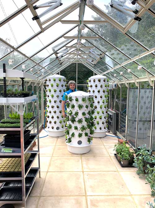 Sarah Giles with her 3 hyrdoponics towers inside the Rhino greenhouse