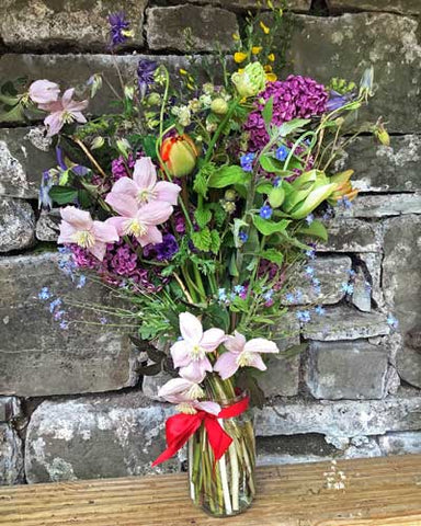 Fragrant Bouquet for VE day - lilac, alliums, lily of the valley, clematis, Raspberry, tulips, aquilegia, forget-me-nots