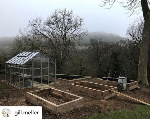 Gill Meller's new Rhino Greenhouse with wooden raised beds