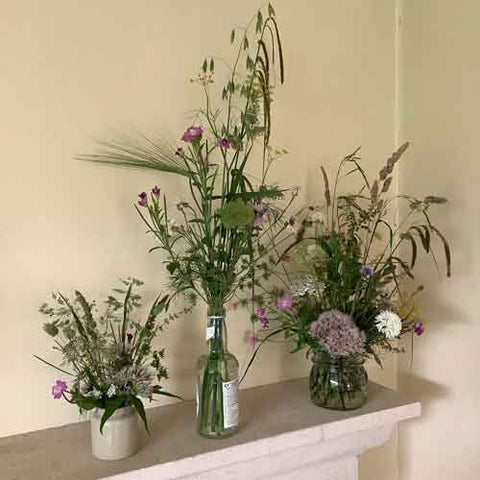 Hedgerow and meadow flowers and grasses in homely containers