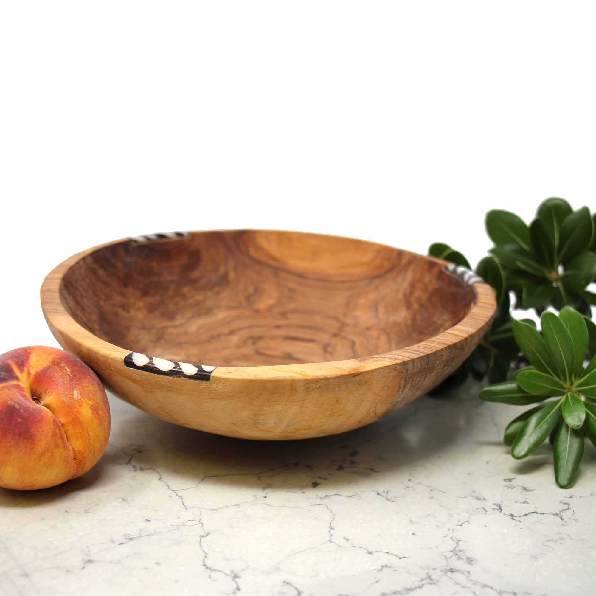 Handcarved Olive Wood Bowl 9 inch with Inlaid Bone