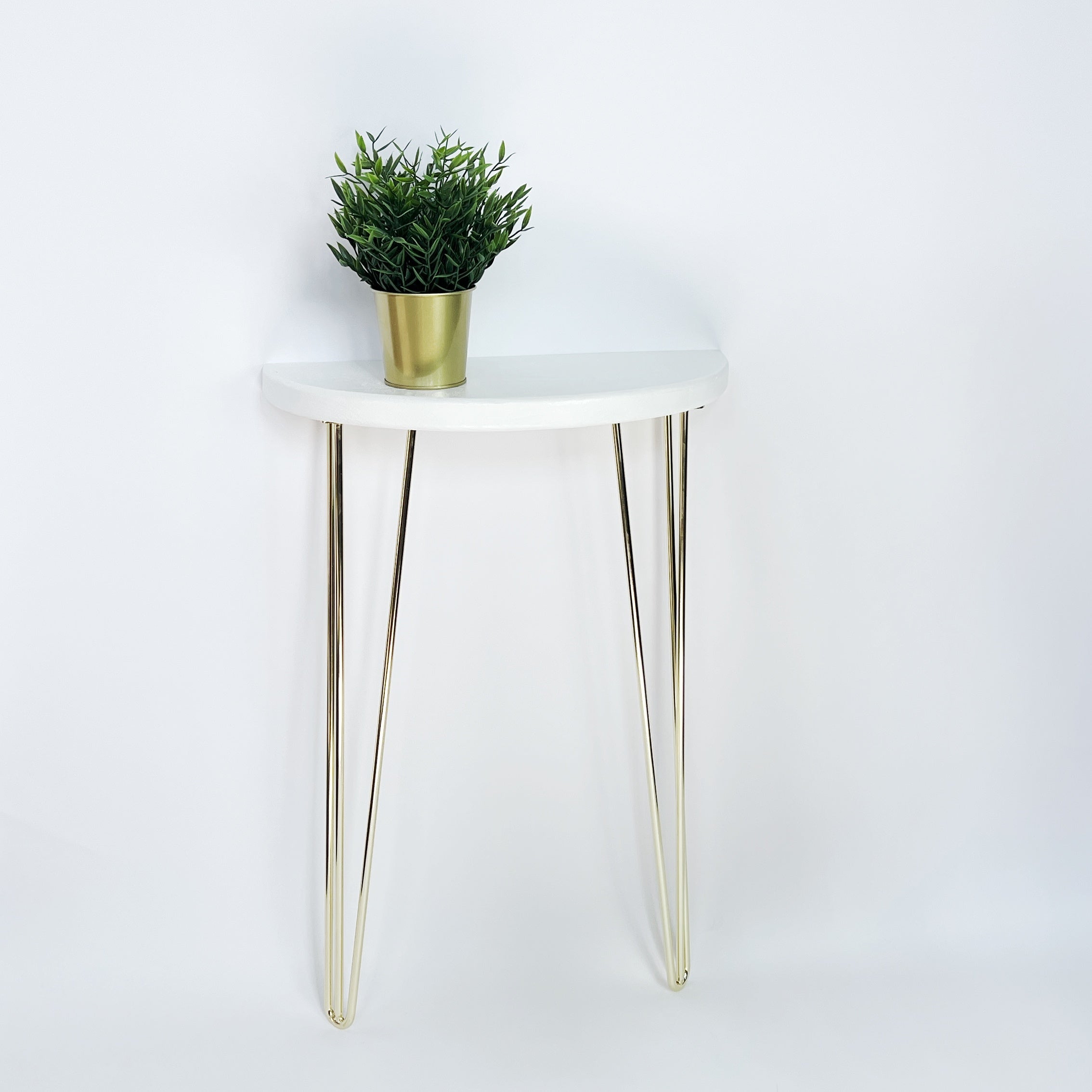 white semi circle console table