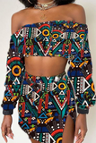 Bohemian Print Split Joint Strapless Long Sleeve Two Pieces