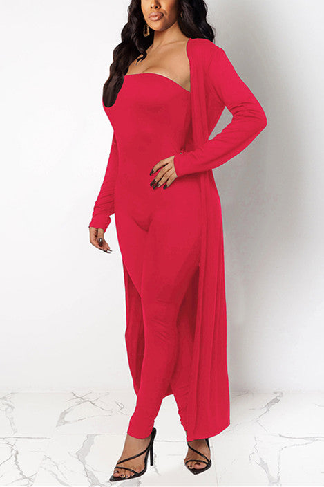 Fashion Sexy Solid Color Red Long Sleeve Two-Piece Set