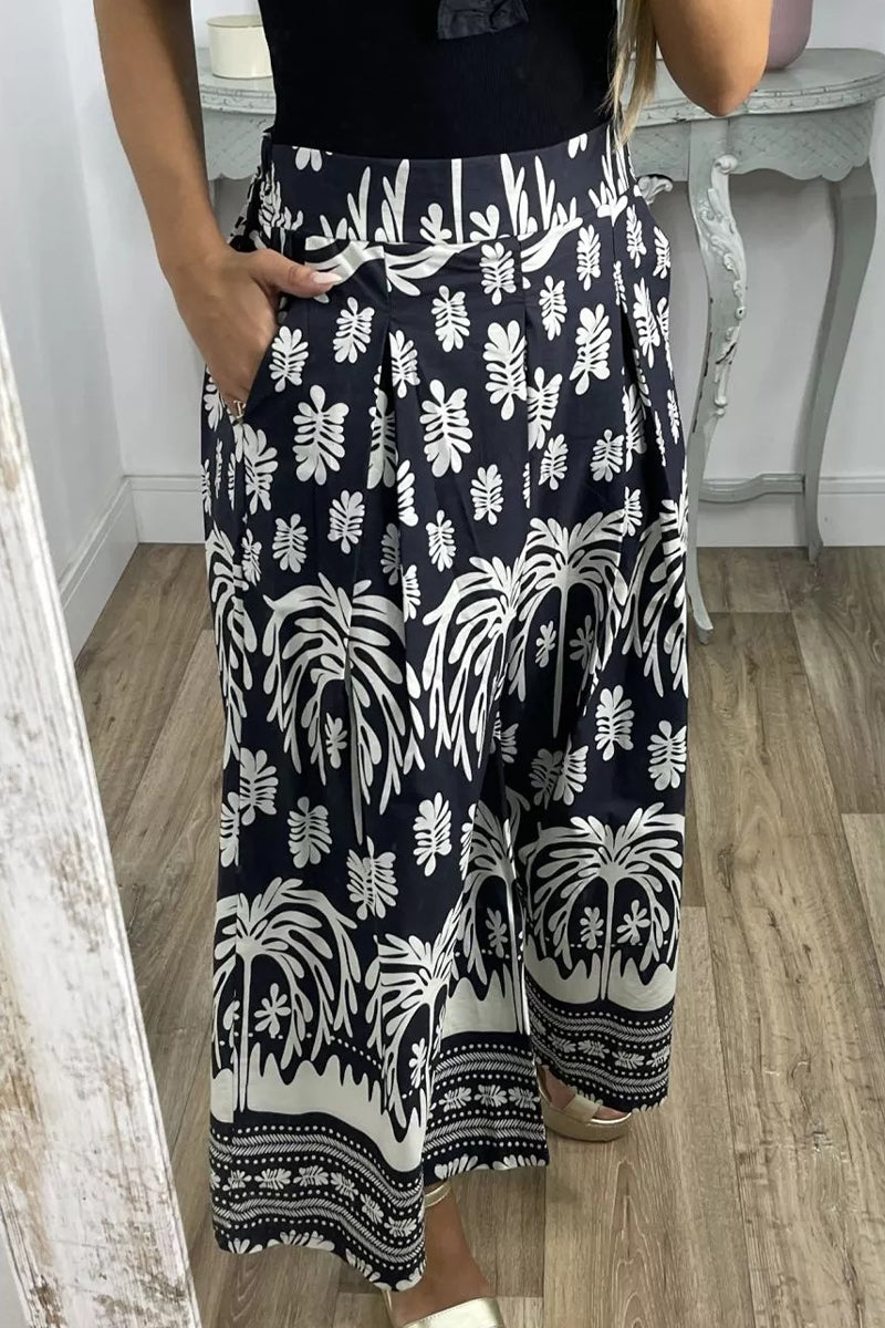 Casual Print Contrast Loose Wide Leg Full Print Bottoms