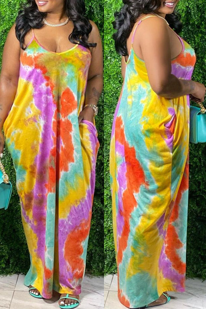 Sexy Casual Tie Dye Print Backless Spaghetti Strap Sleeveless Dress ...