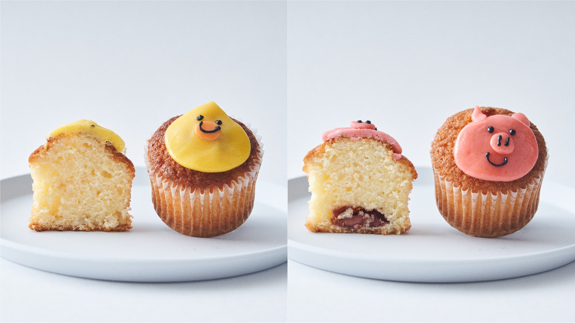 フェアリーケーキフェア焼き菓子カップケーキ「ベイクドZOO」ヒヨコ（瀬戸内レモン）とブタ（いちごチョコ）