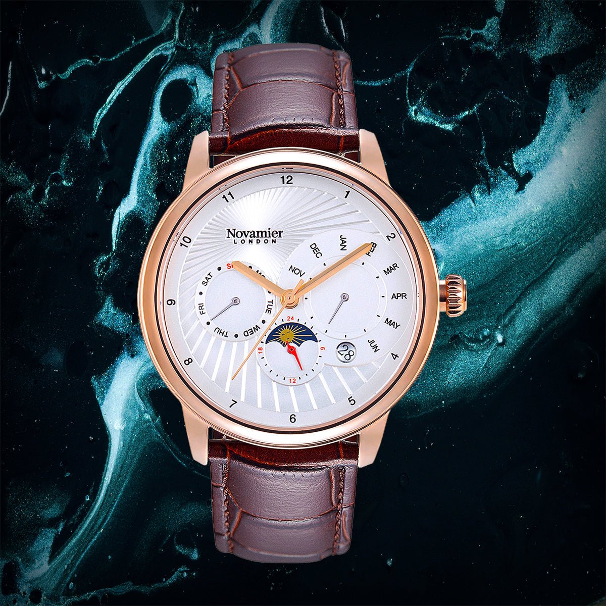 Classic Mens Watch In Rose Gold And White With Marble Blue Background