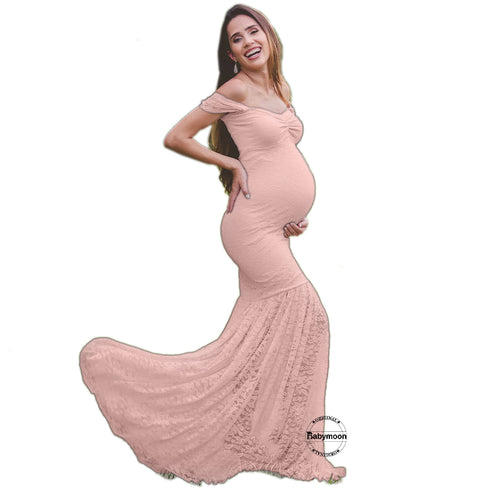 Babymoon Off Shoulder Full Sleeve Maternity Gown Dress - Pink – BABYMOON