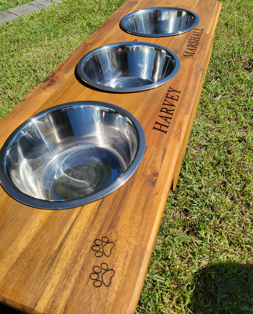 GrooveThis Woodshop - Personalized Elevated Triple Dog Bowl Stand for  Large, Medium, Small, X-Small Dogs - 3 Stainless Steel Food and Water Bowls  