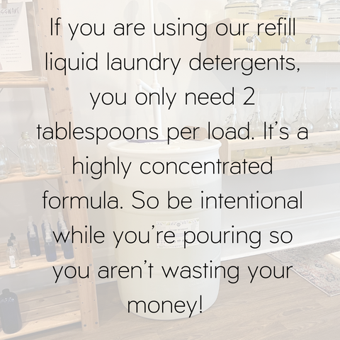 a picture of a 55 gallon drum of laundry detergent with an explanation that if you're using that particular bulk liquid detergent, you only need to use two tablespoons per load