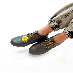 handpainted Italian comfortable  charcoal chukka boots with yellow flower design