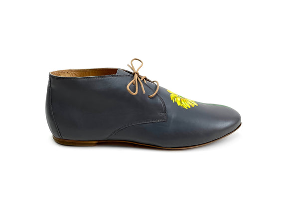 handpainted Italian comfortable  charcoal chukka boots with yellow flower design