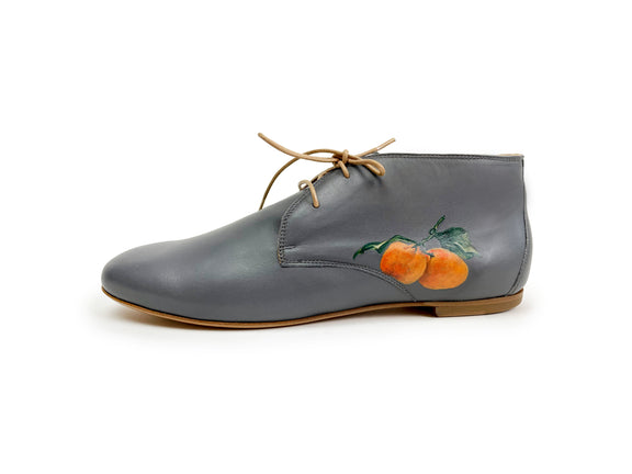 handpainted Italian comfortable charcoal chukka boots with orange design