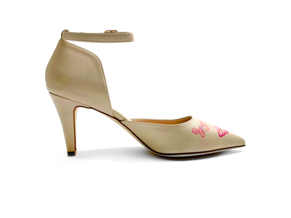 handpainted Italian comfortable beige pumps heels with butterfly design