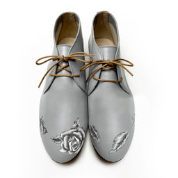 handpainted Italian comfortable gray chukka boots with black and white flower design