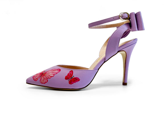 handpainted Italian comfortable lilac pumps heels with butterfly design