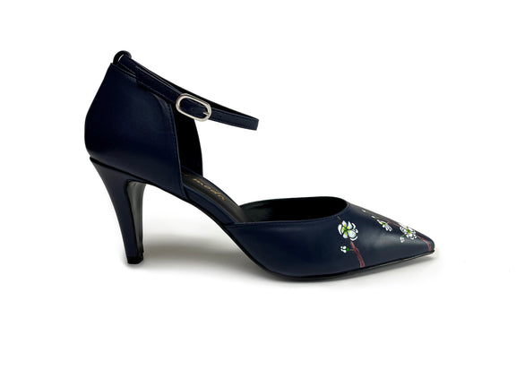 handpainted Italian comfortable navy blue  pumps heels with bird design