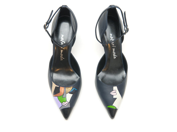 handpainted Italian comfortable navy blue pumps heels with cubism design