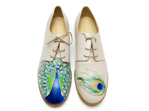 handpainted Italian comfortable oxford ivory shoes with peacock design