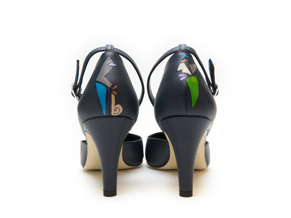 handpainted Italian comfortable navy blue pumps heels with cubism design