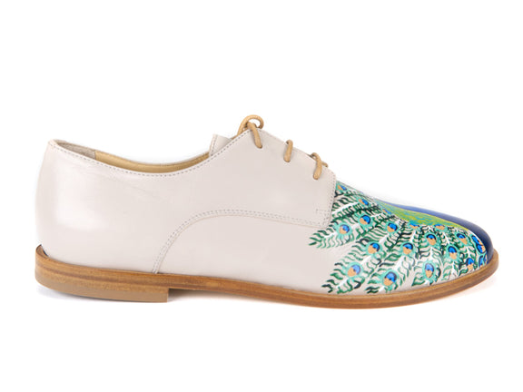 handpainted Italian comfortable oxford ivory shoes with peacock design