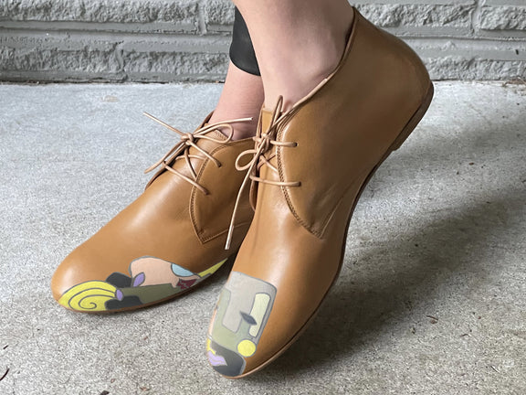 handpainted Italian comfortable cognac chukka boots with cubism design